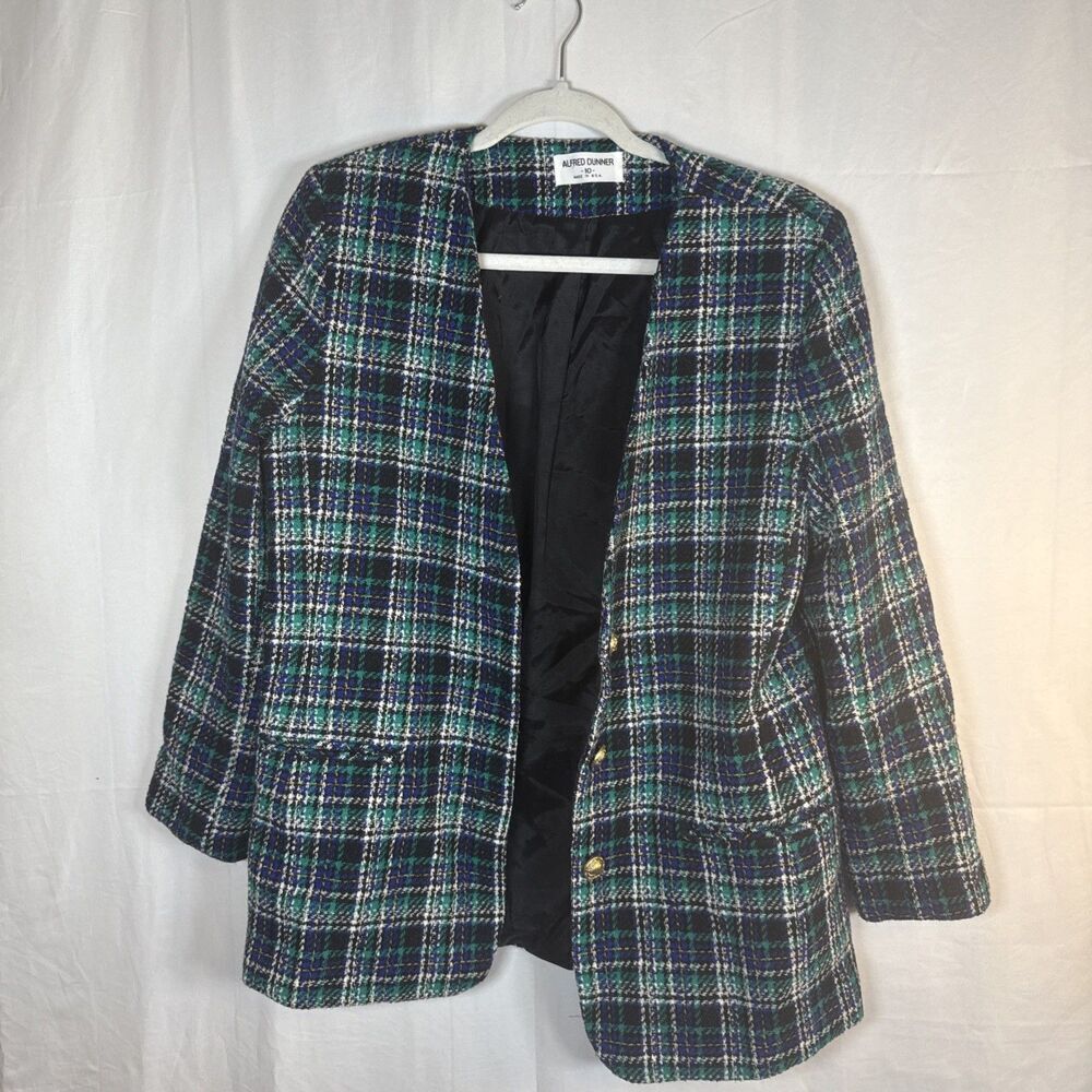 Women’s Alfred Dunner Green Plaid Wool Blend Blazer Size 10 Preowned